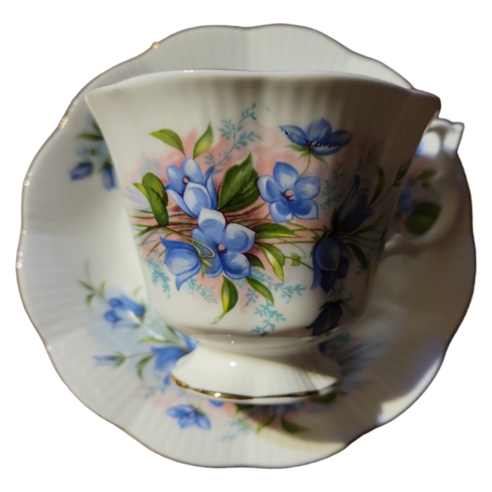 Vtg Royal Elbert Bone China England Tea Cup Saucer Coffee Blue Pink Gold Accents - Picture 2 of 9